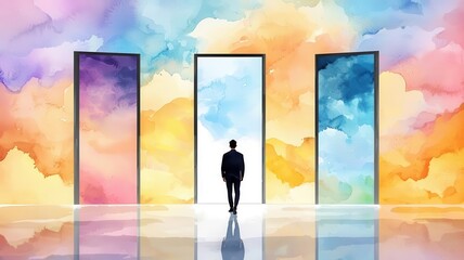 A man walking through a gallery where each frame displays a scene from his dreams, the images blending into the real world, Surreal, Muted Colors, Watercolor