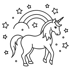 Unicorn and rainbow in a dreamy night sky,