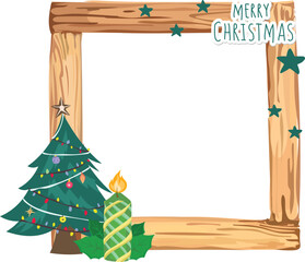 Christmas wooden frame with christmas tree illustration on transparent background.
