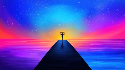 A person standing at the end of a pier, holding a frame that captures the reflection of the stars in the water, Surreal, Deep Blues, Digital Painting