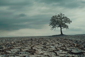 Resilience Amidst Environmental Destruction: Lone Tree in Barren Landscape Under Overcast Sky