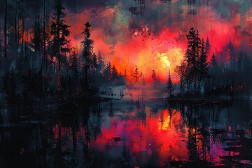 Fototapeta premium Painting of a sunset over a lake with trees and a boat