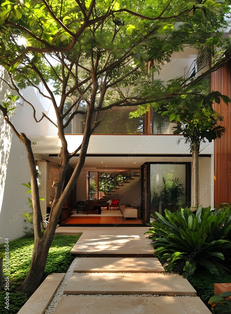 Sticker modern patio with stone pathway and lush greenery