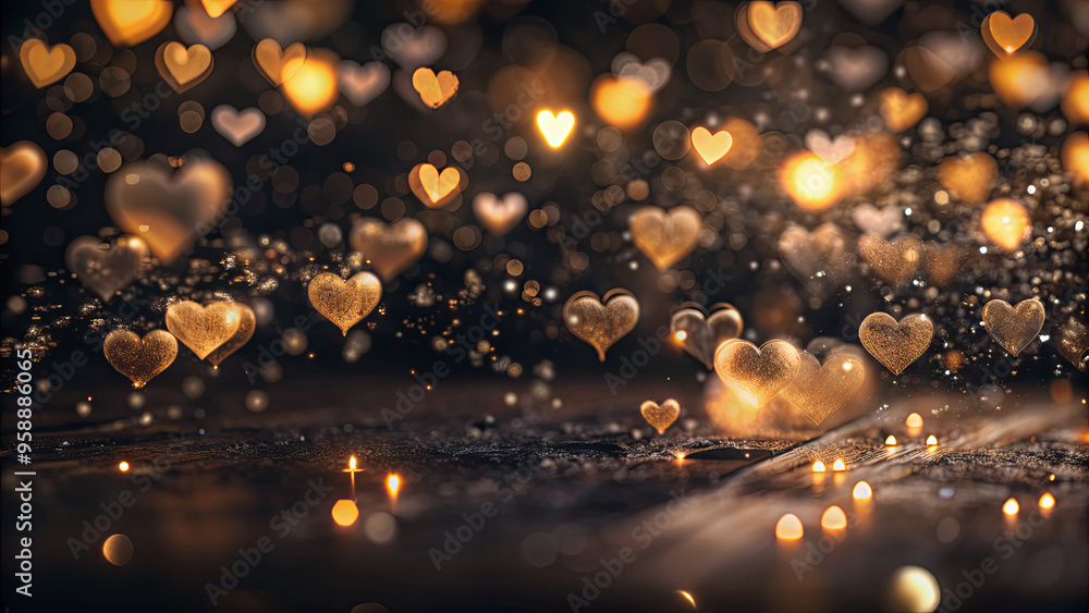Poster soft, shimmering hearts float in a dark setting, illuminating the space with a magical glow. this sc