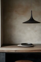 Modern Interior Design with Black Pendant Lamp and Wooden Table