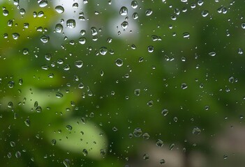 Raindrops on a window with blurred green foliage in the background