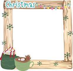Christmas wooden frame with hot drink illustration on transparent background.
