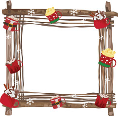 Christmas wooden frame with hot drink illustration on transparent background.
