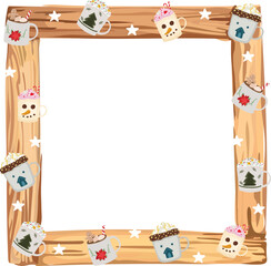 Christmas wooden frame with hot drink illustration on transparent background.
