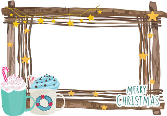 Christmas frame with hot drink illustration on transparent background.
