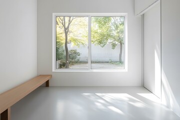 Fototapeta premium Minimalist Room Interior with Wooden Bench and Large Window