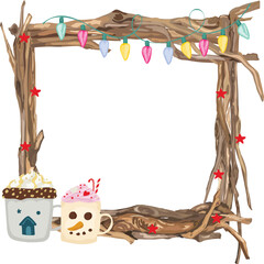 Christmas frame with hot drink illustration on transparent background.
