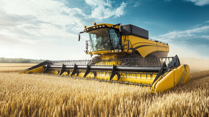 Fototapeta premium Heavy technics in wheat field. Yellow combine harvesting dry wheat. Observing process. Front view.
