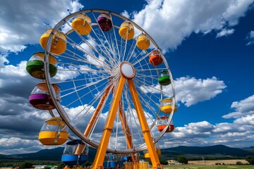 Fototapeta premium Ferris wheel, in the countryside, scenic views provide a peaceful escape with rolling hills and open fields below