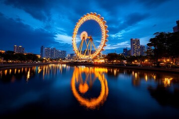 Ferris wheel, near a river, gliding reflections add a shimmering effect to the rideâ€™s bright lights