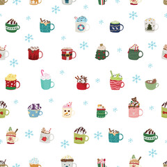 Christmas hot drink with mug seamless pattern background.

