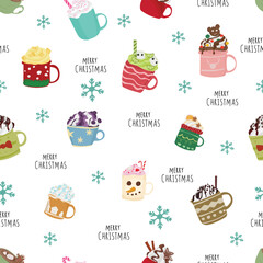 Christmas hot drink with mug seamless pattern background.
