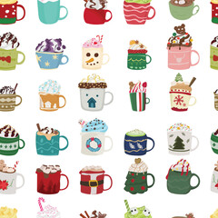 Christmas hot drink with mug seamless pattern background.
