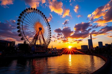 Obraz premium Ferris wheel, seen from afar, iconic silhouette stands as a symbol of fun and adventure in the distance