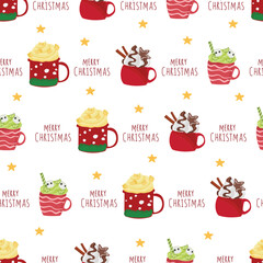 Christmas hot drink with red mug seamless pattern background.
