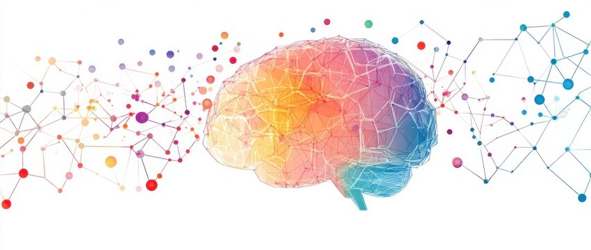 A colorful brain made of geometric shapes and hexagons, with a white background abstract representation of neural connections or data flow lines, symbolizing artificial intelligence tech Generative AI