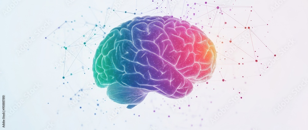Poster abstract, colorful brain with a hexagonal pattern and connecting dots on a white background generati
