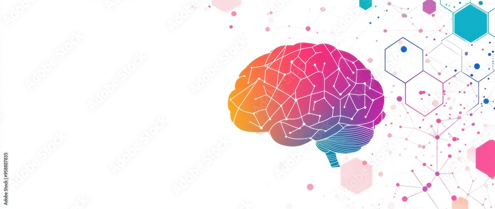 Poster a colorful brain with hexagons and neural connections on a white background for ai technology or men