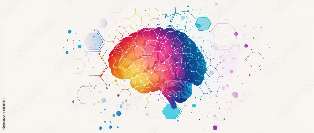 Poster a colorful brain with hexagons and neural connections on a white background for ai technology or men
