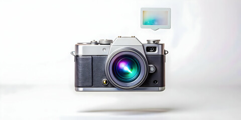 Fototapeta premium Flat Digital Camera with Holographic Memory Card Icon Floating Concept in Smart Business Tone - Close-Up Vector Illustration with Copy Space