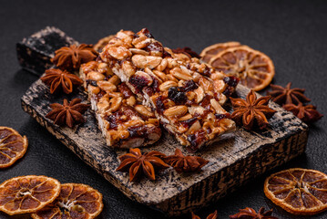 Delicious sweet nutrition bars with nuts, dried berries gluten free