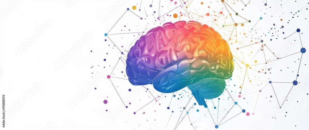 Poster a colorful illustration of an abstract brain with neural connections, set against a white background