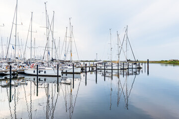 Fototapeta premium Sailboat and yacht port in Heiligenhafen, Germany, for summer vacationers on the Baltic Sea