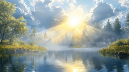 A bright sunbeam breaking through the clouds over a tranquil pond, with reflections of the sky on the still water.