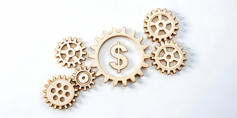 Flat Digital Gears and Money Symbol Concept for Smart Business: Minimalistic Abstract Vector Illustration Symbolizing Cost Management Automation in Technology on White Background