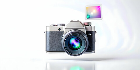 Flat Digital Camera with Holographic Memory Card Icon: Smart Business Concept in Simple Vector Illustration - Close-up Angle Focus on Interaction, Copy Space Included