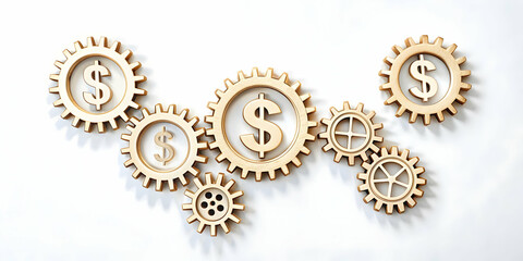 Flat Digital Gears and Money Symbol: Minimalistic Abstract Vector Illustration of Cost Management Automation in Technology - Smart Business Tone, White Background