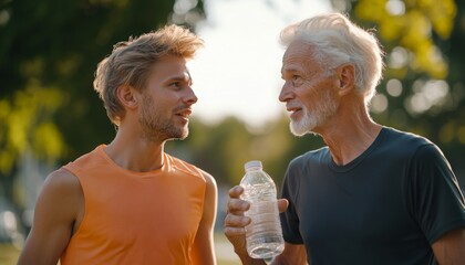 Happy senior athlete and his son talk while drinking water and walking after sports training in nature， Inspiring Healthy Lifestyle, Cultural Inclusivity, and Freedom in Sports. Perfect for End-of-Sea
