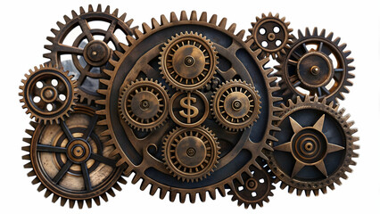 Flat Digital Gears and Money Symbol Concept - Minimalistic Abstract Vector Illustration for Smart Business with Automation of Cost Management in Technology. Clean Design on White Background.