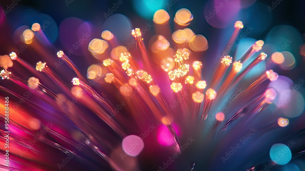 Poster a macro shot of a glowing fiber optic cable, capturing the vibrant colors and dynamic light patterns