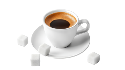 Cup of Coffee with Sugar Cubes on White Saucer