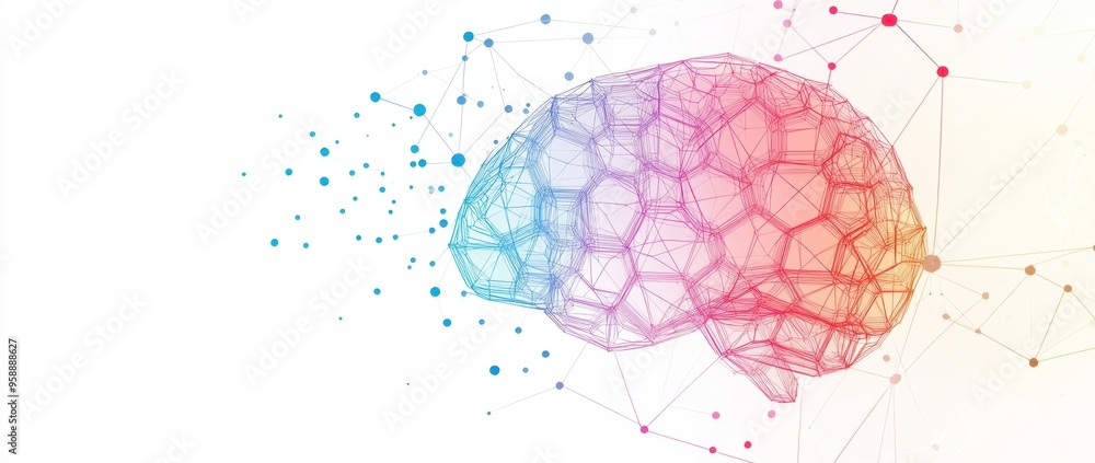 Poster a colorful brain with hexagons and lines connecting the parts, representing artificial intelligence 