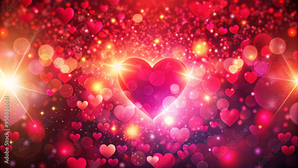 Aufkleber a vibrant display of hearts in various sizes, combined with luminous lights and a soft bokeh effect,