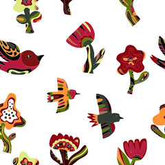 Naklejka premium Flowers and birds stylized folk art elements Vector seamless overlapping pattern