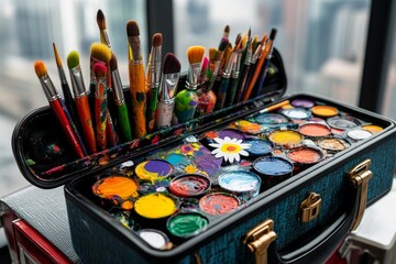 Open suitcase, filled with art supplies, creative journey prepares for a trip filled with inspiration and artistic expression