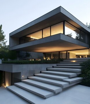 Modern Concrete House with Large Windows and Stone Stairs