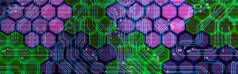 A vibrant fusion of technology and nature with intricate circuits blending into a honeycomb pattern under neon lights