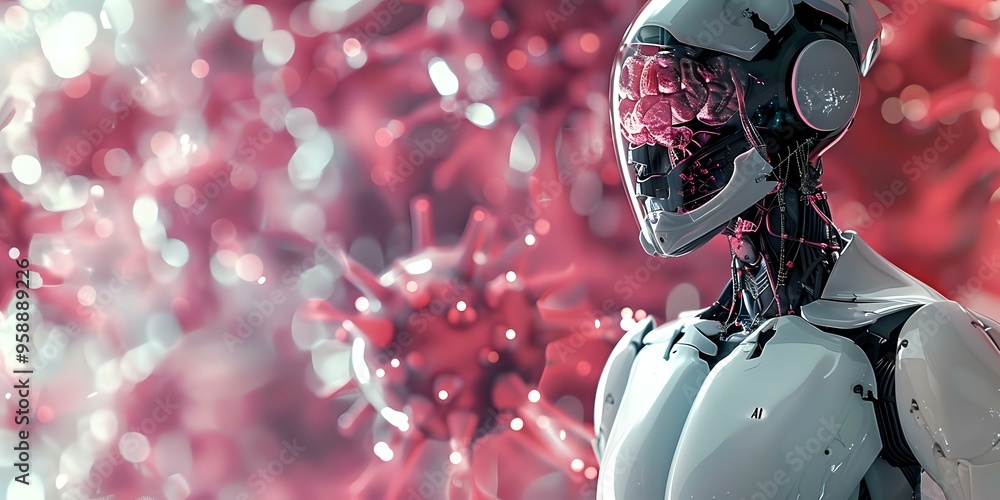 Poster futuristic robot standing against a backdrop of abstract red molecular structures, symbolizing the f