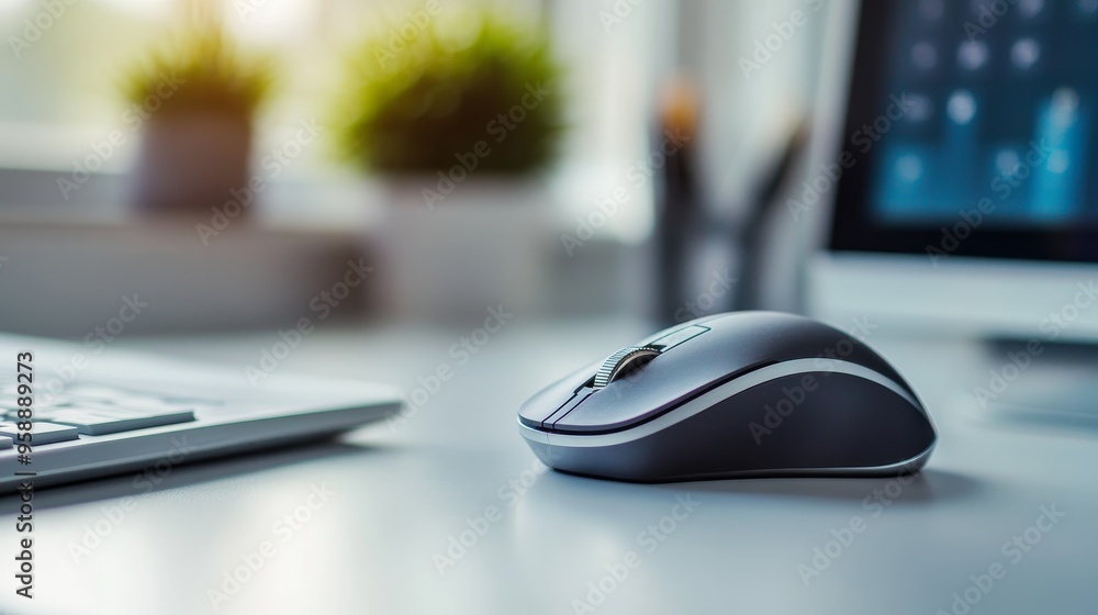 Poster a sleek computer mouse sits on a desk beside a keyboard, with a blurred background of plants and a m