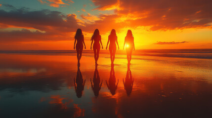 Silhouette of four friends walking together along the beach at sunset, reflecting vibrant orange and purple hues on the water, capturing a moment of joy and companionship.