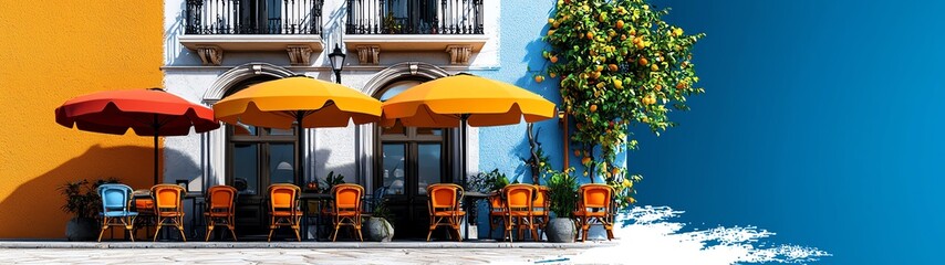 A vibrant outdoor cafe with colorful umbrellas, inviting seating, and an eye-catching wall, perfect for relaxing and enjoying daylight.